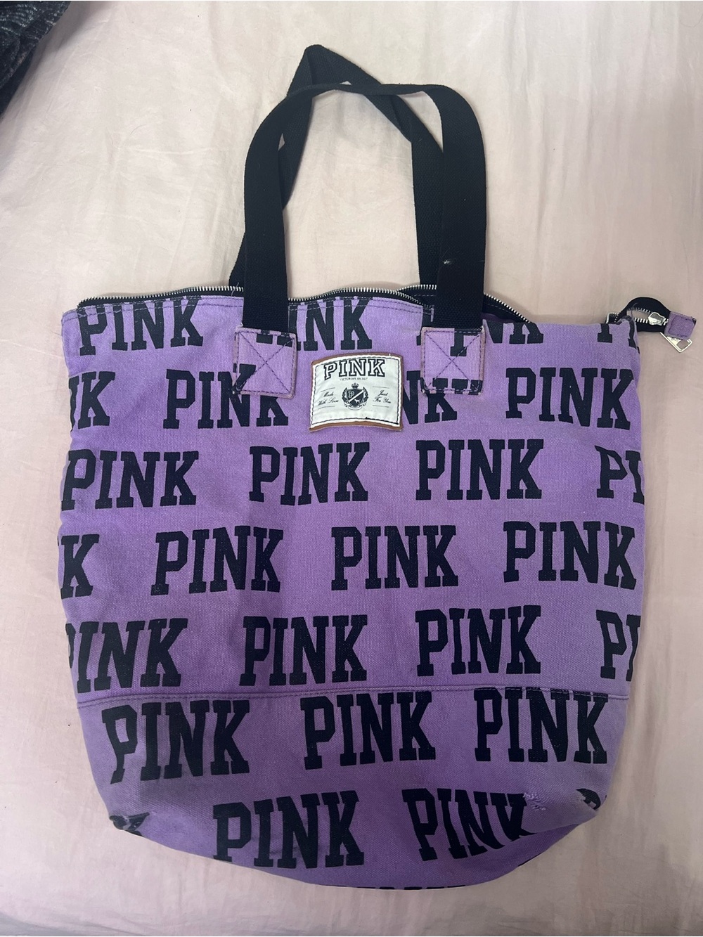 PINK Victoria's Secret Purple Canvas Logo Tote with Black Handles